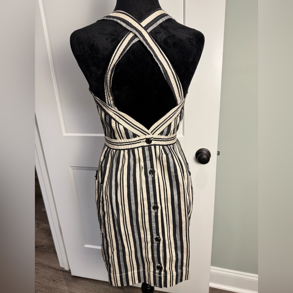 Madewell Apron Mini Dress in Evelyn Stripe linen cotton blend cross back pockets - Picture 4 of 11